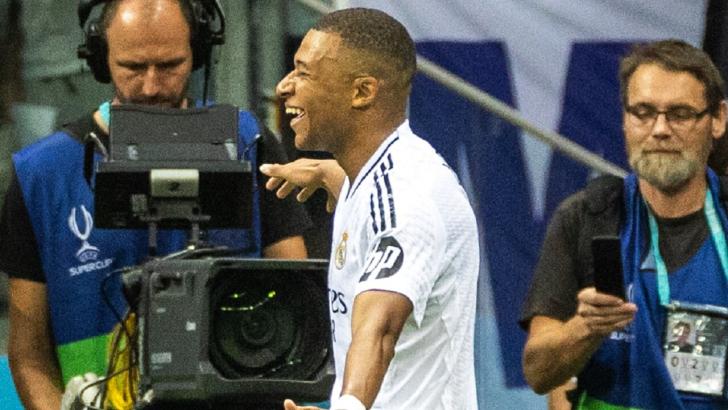 Kylian Mbappe celebrates for Real Madrid after scoring in the Super Cup